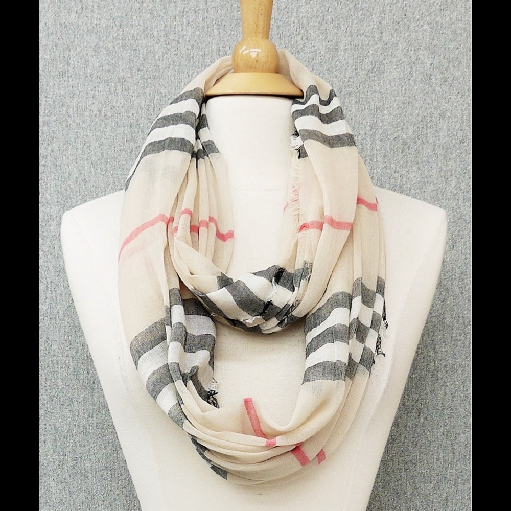 British Plaid, light, long, infinity scarf, beige